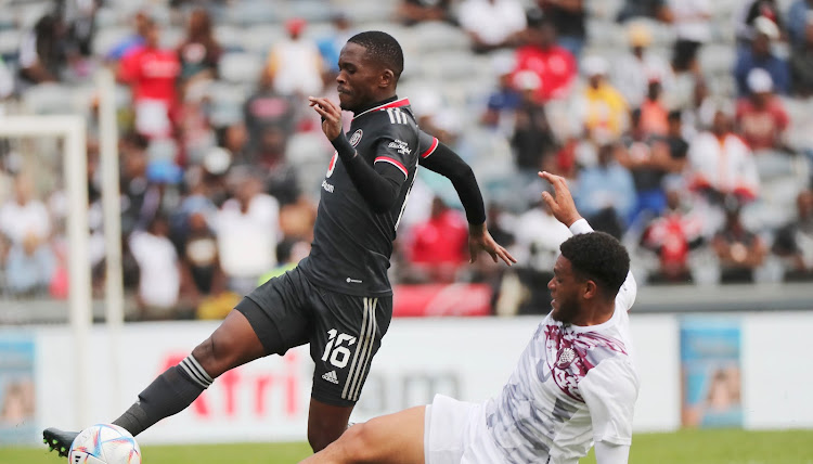 Thabang Monare of Orlando Pirates tackled by Waseem Isaacs of Swallows during their DStv Premiership match at Orlando Stadium, Johannesburg on 06 August 2022.