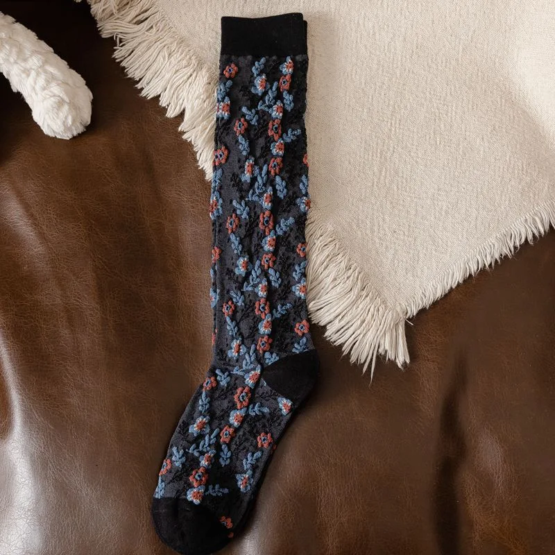 Chaussettes de mollet rétro, série florale, longueur genou, Ins Wind, chaussettes à poils de mollet