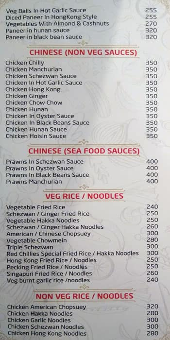 Red Chillies Multi Cuisine menu 