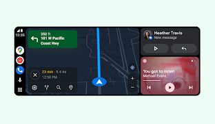 На широкоформатном дисплее показан новый интерфейс Android Auto: одновременно открыты Карты, уведомления и приложение для воспроизведения музыки.