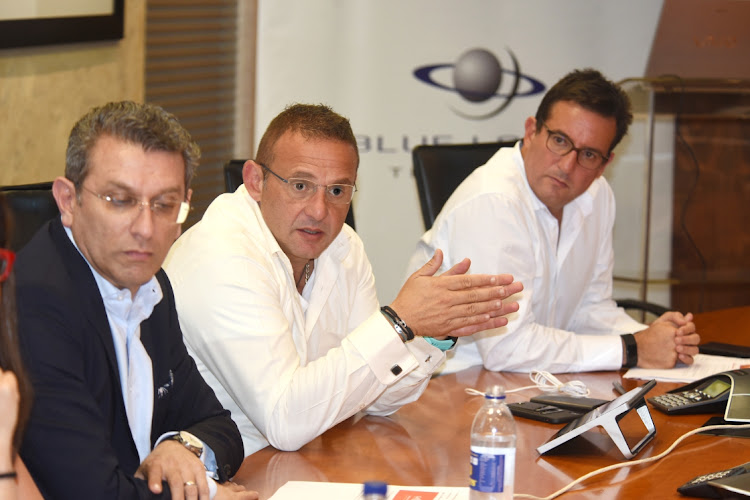 (From left) Zafar Mahomed, Cell C CFO, Brett Levy and Mark Levy, joint CEO's of Blue Label Telecoms, at the company's annual financial results presentation at the head office in Sandton. Picture: FREDDY MAVUNDA