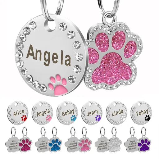 Personalized Dog Cat ID Tag Bling Rhinestone Puppy Kitten Name Tags Anti-lost Pet Collar Accessories Free Engraved Pet P