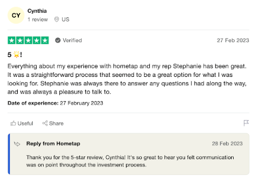 Glowing Hometap review from customer who loved having a dedicated investment manager. 