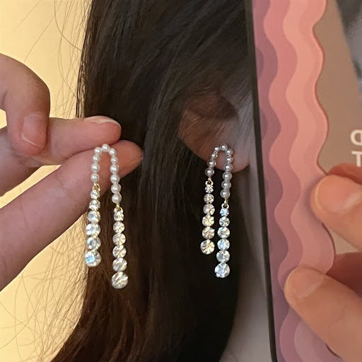 Title 7, Needle Pearl Rhinestone Tassel Earrings, Light ...
