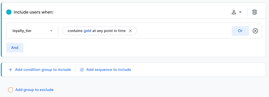 Incluir usuários quando: loyalty_tier contiver gold a qualquer momento