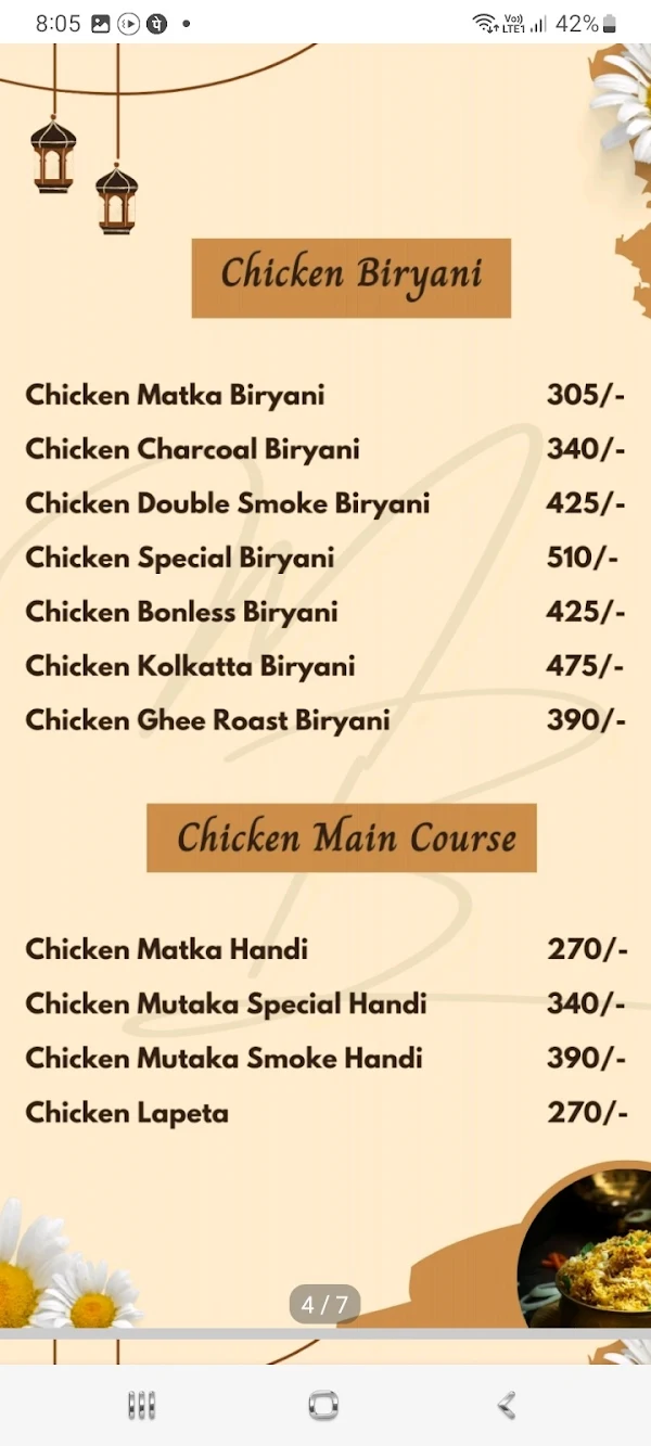 Mataka's biryani menu 