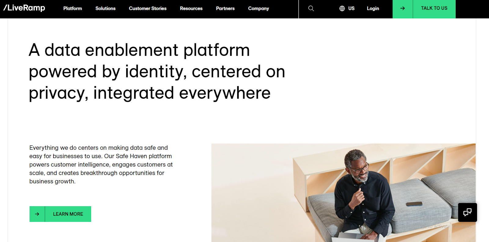 LiveRamp’s homepage on their website, emphasizing on their brand image of privacy and strong identity.