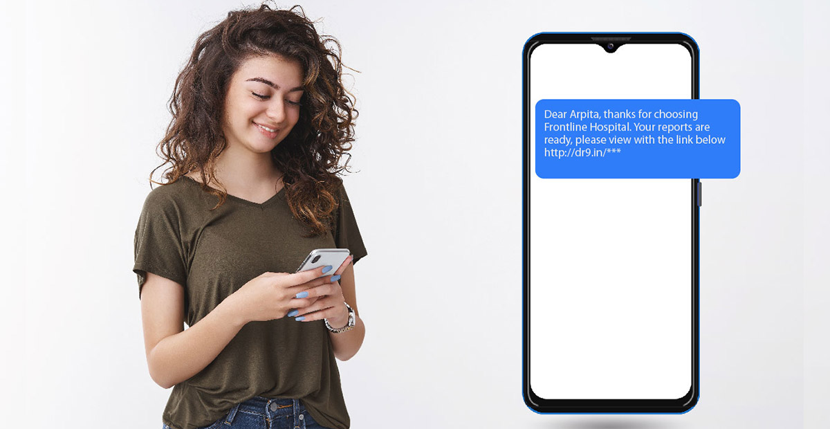 A young lady reading Medical Report Notification SMS | SMS Templates for Healthcare