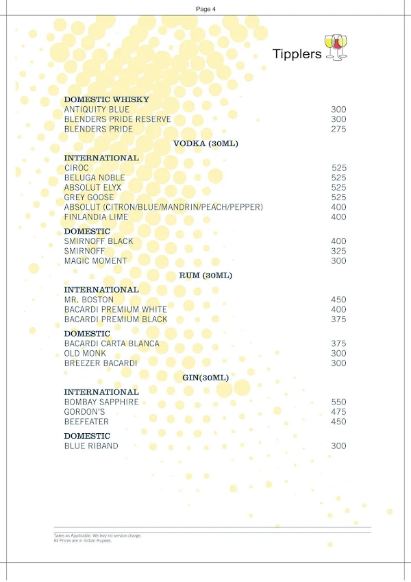 Tipplers Lounge - Four Points By Sheraton menu 