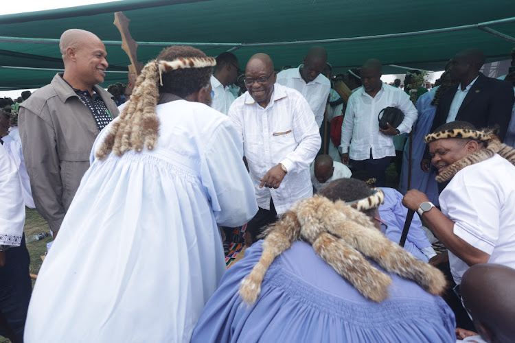 Former president Jacob Zuma, now the face of the MK Party, paid a visit to the Nazareth Baptist Church's Holy Mount Khenani on Saturday. He was accompanied by MK Party president Jabulani Khumalo to worship with the Shembe congregants in Ndwedwe, north of Durban. Photo: SANDILE NDLOVU