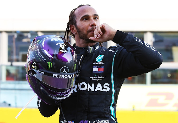 Race winner Lewis Hamilton of Great Britain and Mercedes GP celebrates in parc ferme after the F1 Grand Prix of Tuscany at Mugello Circuit on September 13, 2020 in Scarperia, Italy