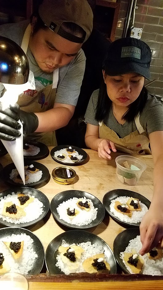 Langbaan Chefs Who Inspire Dinner with Edouardo Jordan of Salare and Junebaby, a collaboration with Chef Earl Ninsom of Langbaan to benefit Farestart. This is one of three snacks, the Caviar with coconut Crème fraiche on crispy roti cracker