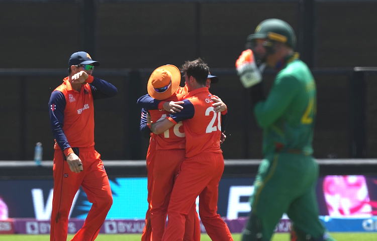 Netherlands players celebrate the winning momnet during the 2022 ICC Men's T20 World Cup match against South Africa at the Adelaide Oval on November 6 2022.