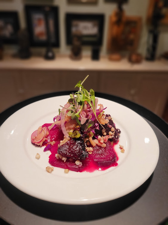 Grilled vegetable carpaccio, red cabbage and apple slaw, chilli and lime dressing served with buckwheat.