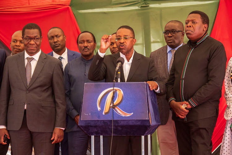 Azimio leaders during a press breifing on doctors' strike at the Jaramogi Oginga Odinga Foundation on Tuesday, April 9, 2024.