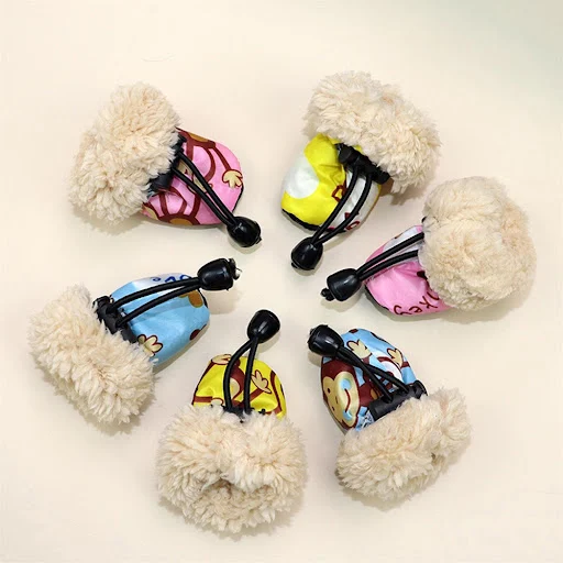 4pcs/Set Pet Rain Boots Adjustable Waterproof Dog Shoes Fleece Winter Warm Non-Slip Puppy Sneakers Cartoon Wool Lined Pe