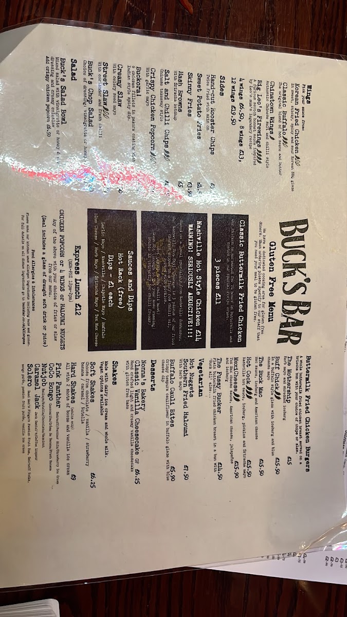 Buck's Bar gluten-free menu