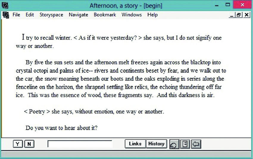 Screenshot of "afternoon, a story" by Michael Joyce. The page is white with black text.