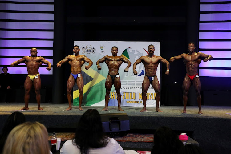 Nhlakanipho Bhengu, Sudeshan Naidoo, Sabelo Mvubu, Mthobisi Ngcobo and Zolani Khoza take part in the men's bodybuilding under 80kg category at the KwaZulu-Natal East Coast Classic 2022.