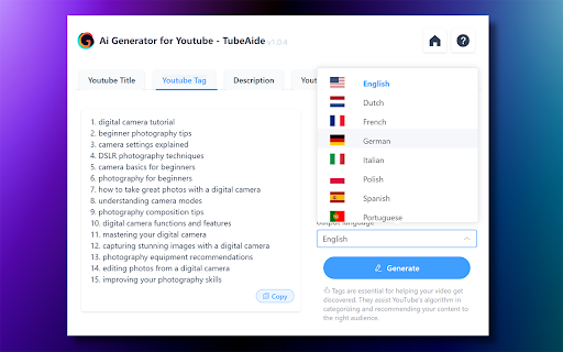 Free AI Tag Generator for Youtube - TubeAide