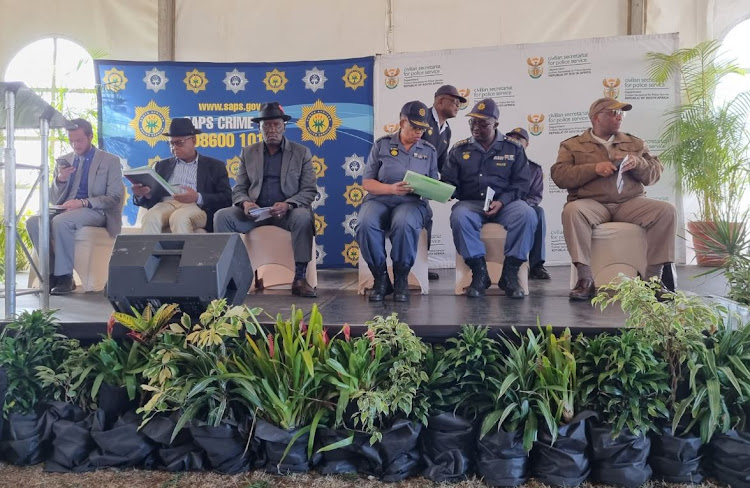 High level delegates including police minister Bheki Cele (third from left) met with the community of Kagiso after a week of conflict and tensions in the area sparked by a gang rape perpetrated by suspected illegal miners.