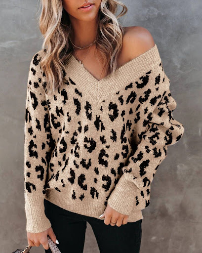 Title 7, New Loose Casual V-neck Strapless Leopard Print...