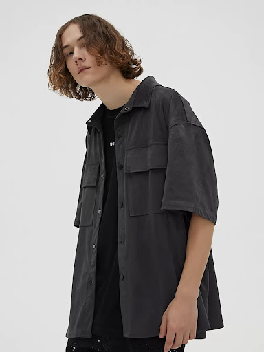 Title 5, Suede Half Sleeve Shirt Jacket With Multiple Po...