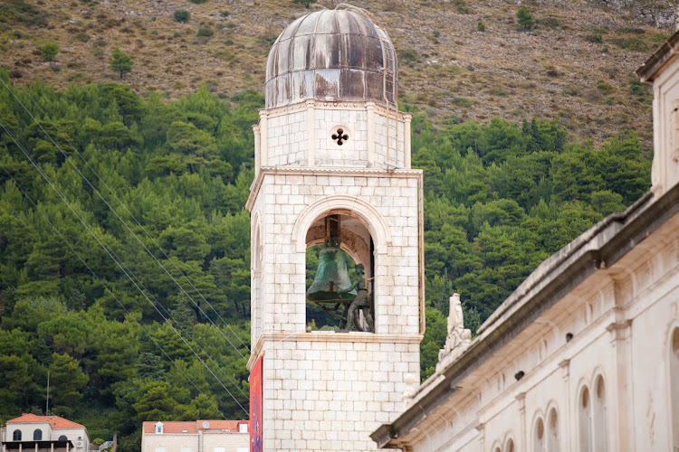 A bell tower at the edge of Old Dubrovnik. 