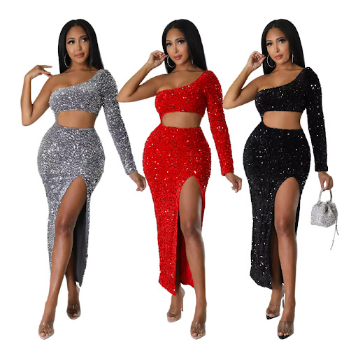 Title 2, Womens one-shoulder dress, fashionable sequins...