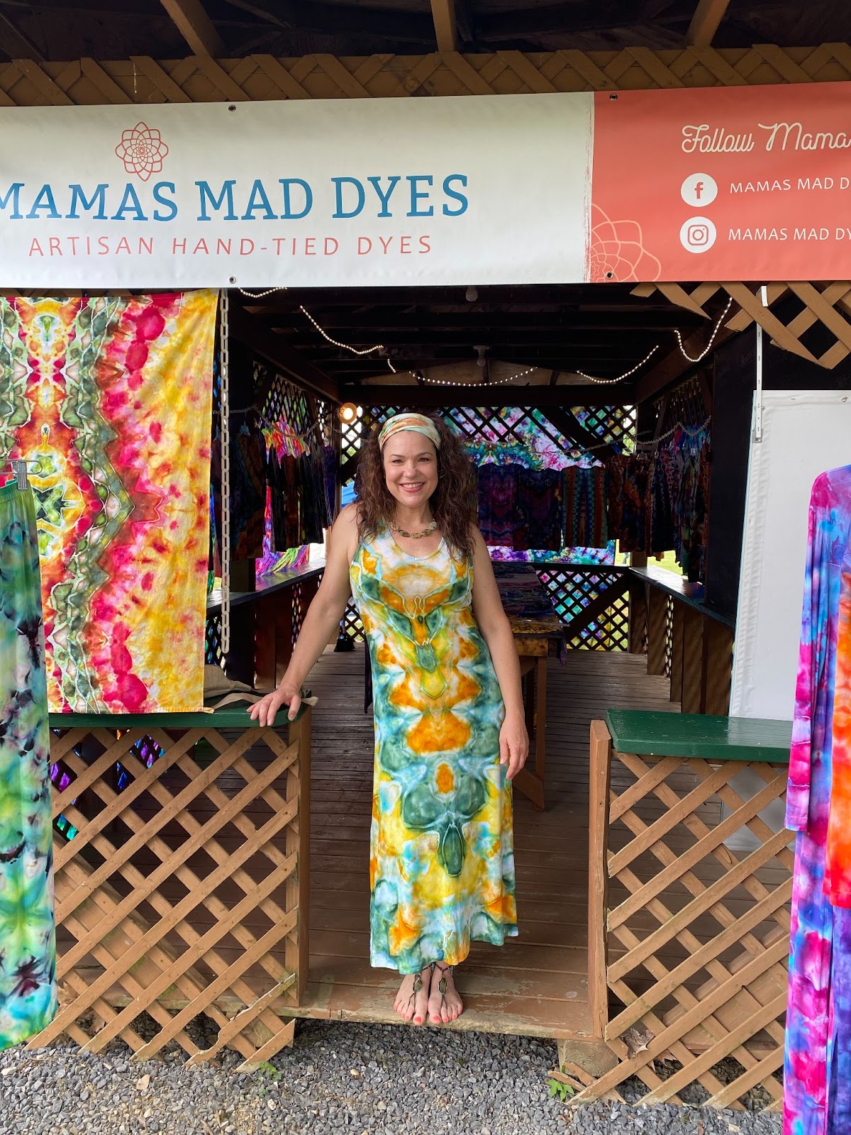 Patsy hangs out with her tie-dye designs (that “sold like hotcakes”!) at Greencastle American Legion Picnic Grounds in June this year. 