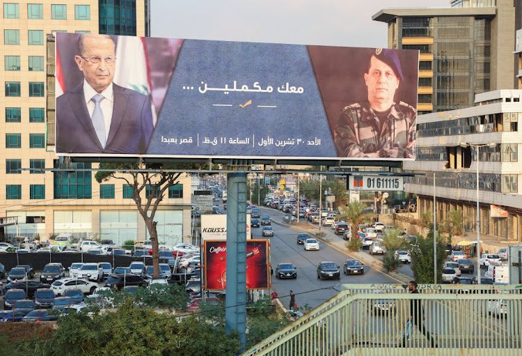 A billboard depicting Lebanon's President Michel Aoun, whose term is expected to end on October 31, in Jdeideh, Lebanon, on October 27 2022.