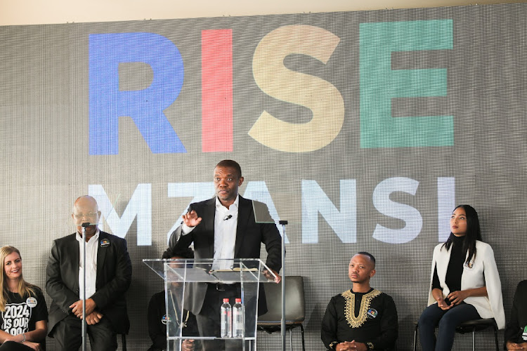 Rise Mzansi leader Songezo Zibi with party members at the launch of the party at Constitution Hill in Johannesburg on April 19 2023.The party is described as a people-driven political alternative to the current South African political landscape. File photo.