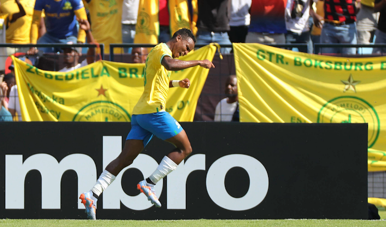 Mamelodi Sundowns midfielder Themba Zwane celebrates his goal during the CAF Champions League group stages clash against Al Ahly at Loftus Stadium, Pretoria, South Africa on 11 March 2023.