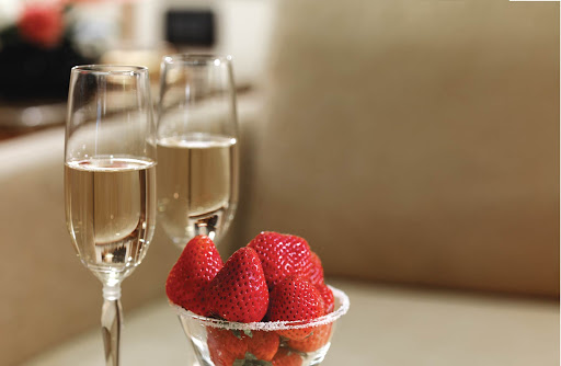 Champagne and strawberries served on a Cunard Line cruise.