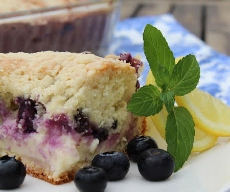 This blueberry crumb cake is delightful. You get a great surprise when you bite in and taste the cream cheese and blueberries in the middle.