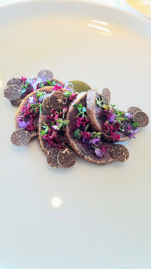 Wild Duck, Pickled Blackcurrant Leaves, Juniper and Aromatic Herbs course, the only meat course at Geranium, a three Michelin star restaurant in Copenhagen