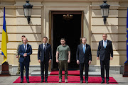 Chancellor of Germany Olaf Scholz, French President Emmanuel Macron, Ukrainian President Volodymyr Zelenskyy, Italian Prime Minister Mario Draghi and Romanian President Klaus Iohannis in Kyiv, Ukraine on June 16 2022. 