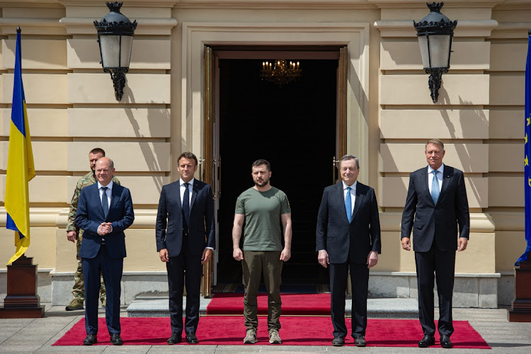 Ukrainian President Volodymyr Zelensky, France's President Emmanuel Macron, German Chancellor Olaf Scholz, Italian Prime Minister Mario Draghi and Romanian President Klaus Iohannis pose for a picture on June 16, 2022 in Kyiv, Ukraine. The leaders made their first visits to Ukraine since the country was invaded by Russia on February 24th.