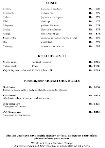 Threesixtyone Degrees - The Oberoi menu 