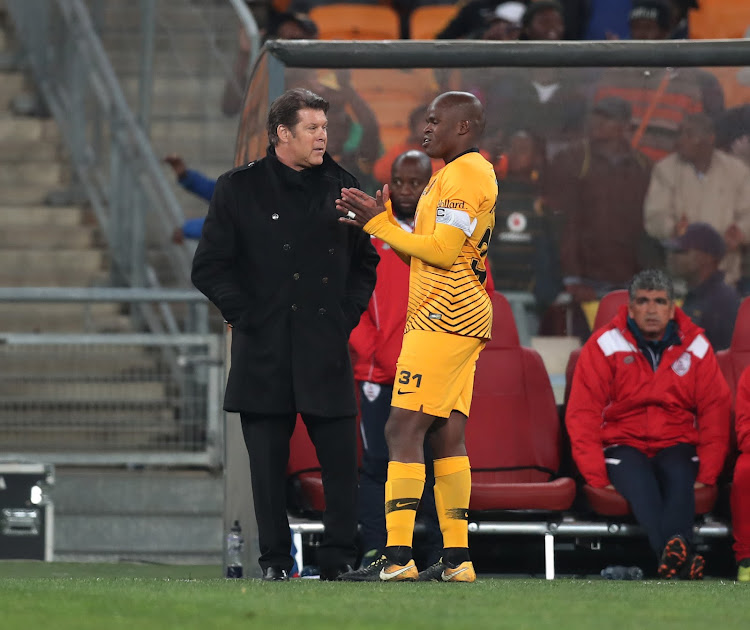 Free State Stars Belgian coach Luc Eymael has a chat with Kaizer Chiefs midfielder Willard Katsande during the MTN8 quarterfinal match at FNB Stadium, south of Johannesburg on August 11 2018.