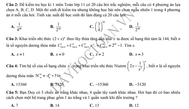 Đề kiểm tra chương 2 tổ hợp và xác suất lớp 11 có đáp án trắc nghiệm và tự luận dayhoctoan.vn