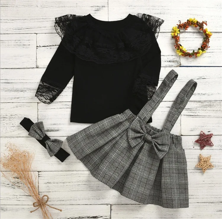 Conjunto de saia com alças xadrez e renda para meninas e conjunto de calças para meninos, para looks estilosos e confortáveis.