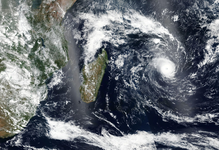 Satellite imagery shows tropical cyclone Freddy approaching Madagascar in this satellite handout image.