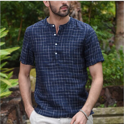 Title 4, Mens check button cotton and linen short sleev...