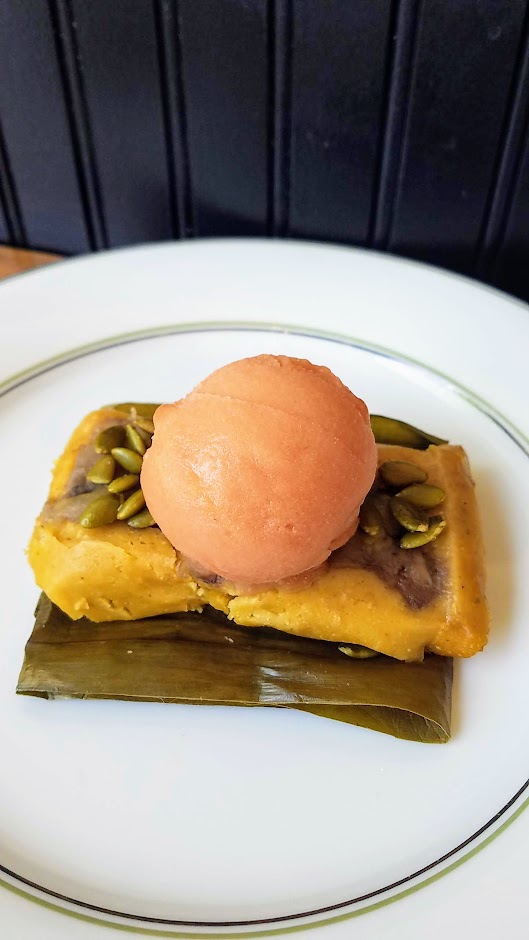 Desayuno PDX pop up inspired by the cuisine of Mexico City to benefit Pueblo Unido PDX, Tamal Dulce with banana leaf sweet tamal, roasted banana, guava sorbet, pepitas