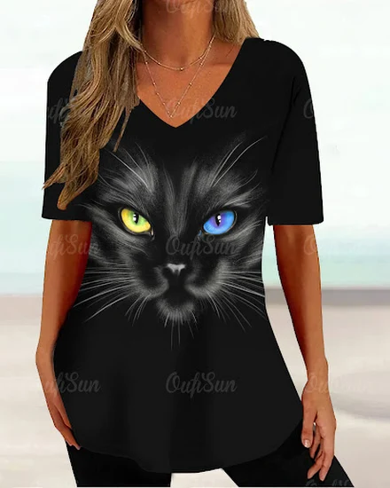 Kawaii Cat Graphic T Shirt For Women Painting Print Haraj... - 3