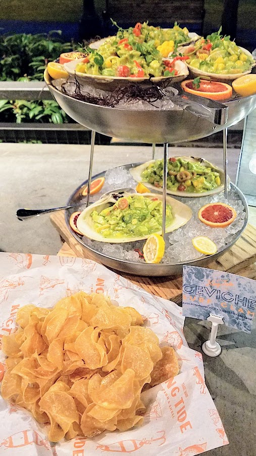 King Tide Fish and Shell, Ceviche with Surf Claim, Avocado Aguachile, Sweet Potato Chips