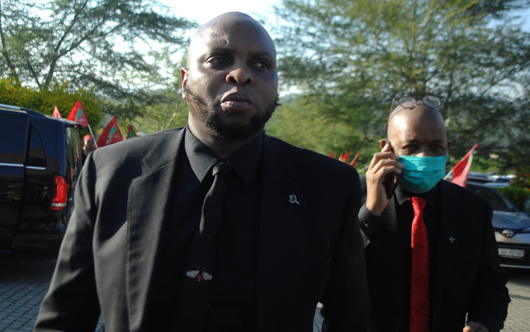 EFF deputy president Floyd Shivambu and former party chair Dali Mpofu arrive at Hillary Gardee's funeral in Mbombela on May 7 2022.