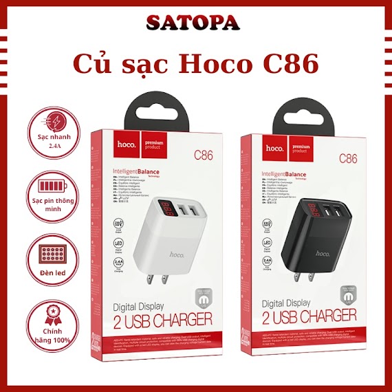 Củ Sạc Hoco C86 Chính Hãng Cốc Sạc Nhanh 12W Đa Năng 2 Cổng Tiện Lợi Có Đèn Led Hiển Thị Dòng Điện - Satopa