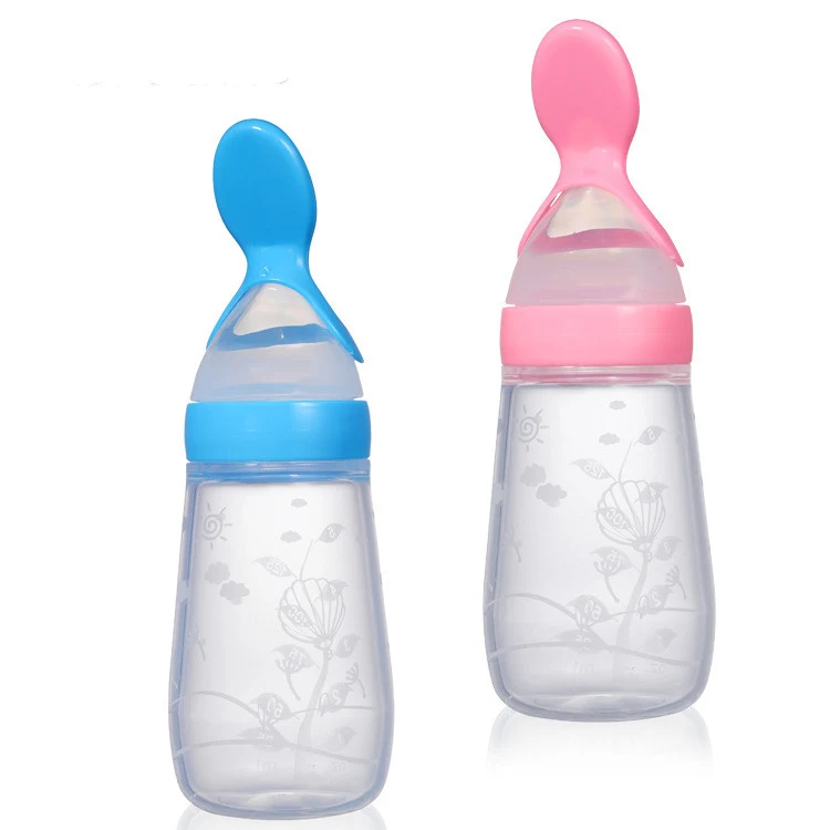 Biberon en silicone à fond plat pour céréales de riz pour bébé, facile à presser et à nourrir, idéal en voyage.
